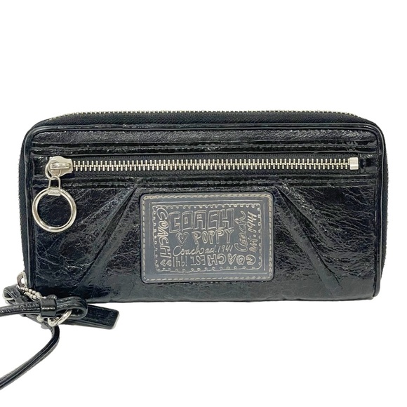 Coach Poppy Black Patent Leather Zip-Around Wallet Wristlet Card Holder - Picture 1 of 4